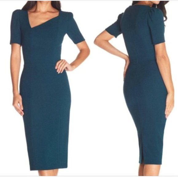 DRESS THE POPULATION RUTH ASYMMETRICAL NECK PINE SHEATH DRESS sz L - Picture 1 of 6